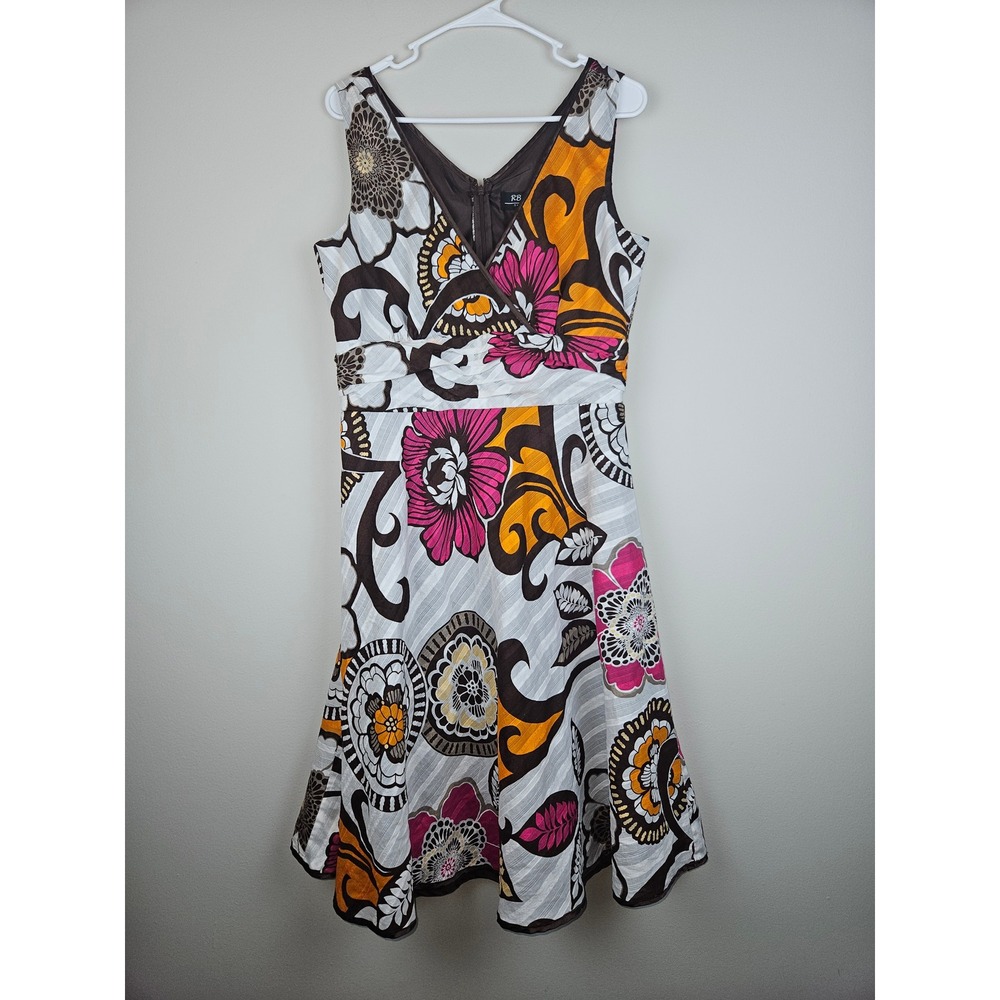 RB Collection New York Floral Sleeveless Midi Dress Brown Pink Orange Size 12